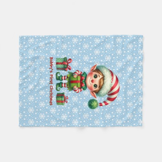 Baby Boy's First Christmas Personaliseer Naam Blau Fleece Deken (Voorkant (Horizontaal))