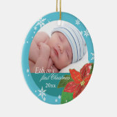 Baby Boy's First Kerstmis Blauwgroen Fotoversients Keramisch Ornament (Rechts)