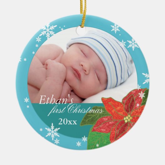 Baby Boy's First Kerstmis Blauwgroen Fotoversients Keramisch Ornament (Voorkant)