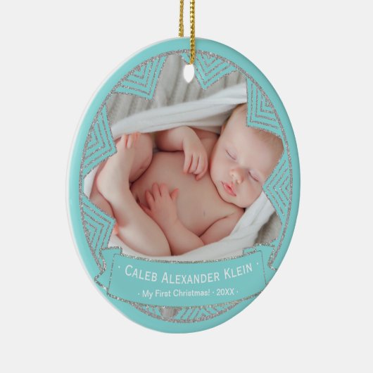 Baby Boys Poeder Blauw Gepersonaliseerde Kerstmis Keramisch Ornament (Rechts)
