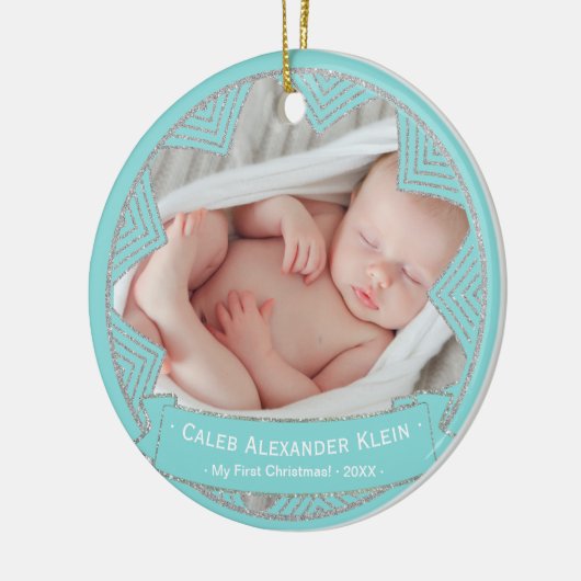 Baby Boys Poeder Blauw Gepersonaliseerde Kerstmis Keramisch Ornament (Links)