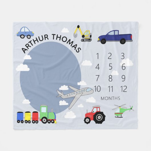 Baby Boys Schattige Auto Transport Milestone Pasge Fleece Deken (Voorkant (Horizontaal))