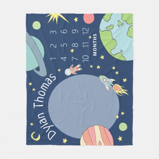 Baby Boys Schattige Space Rocket Ship Milestone Fleece Deken (Voorkant)