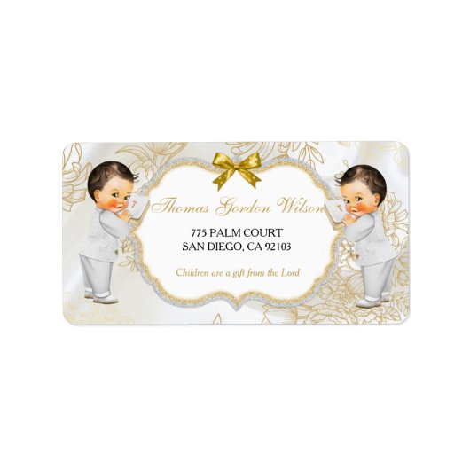 Baby Boys Twins Baptism Christening Gold White Etiket (Voorkant)