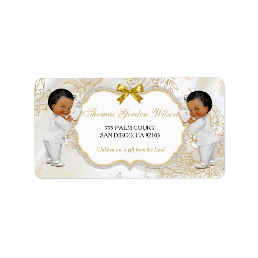 Baby Boys Twins Baptism Christening Gold White Etiket (Voorkant)