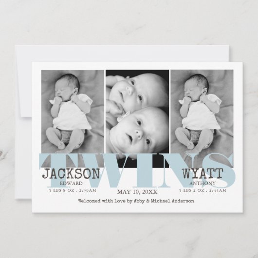 Baby Boys Twins Mooie Blauwe Geboorteaankondiging Aankondiging (Voorkant)