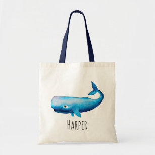 Baby Boy's Waterverf Blue Zee Whale and Name Tote Bag