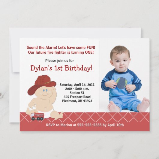 Baby brandweerman Foto van Birthday Uitnodiging El (Voorkant)