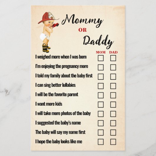 Baby brandweerman Mam of Baby shower Game Kaart (Voorkant)