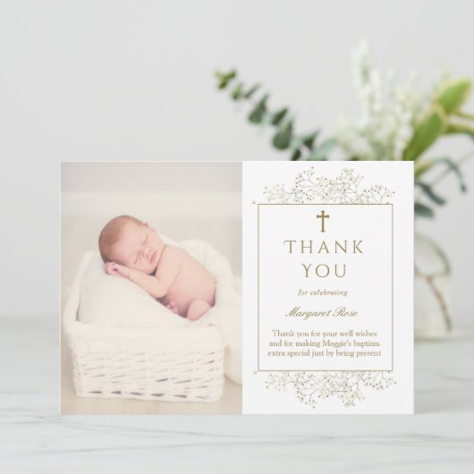 Baby Breath Flowers Doop Foto Dank u Kaart (Staand voorkant)