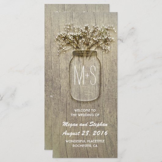 baby' Breath Mason Jar rustiek trouwprogramma Programmakaart (Voorkant / Achterkant)