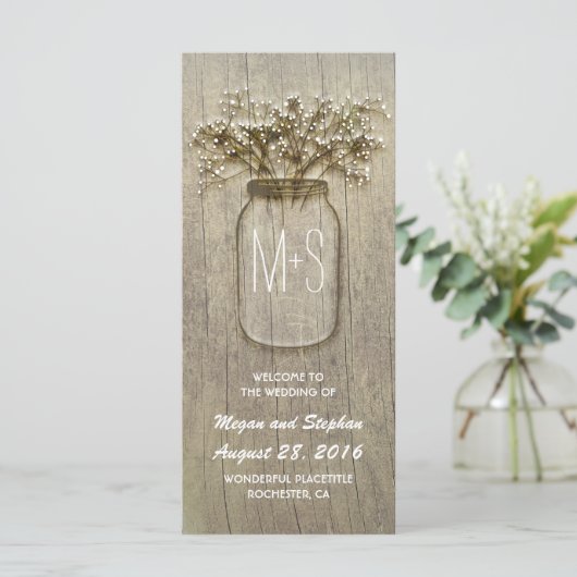 baby' Breath Mason Jar rustiek trouwprogramma Programmakaart (Staand voorkant)