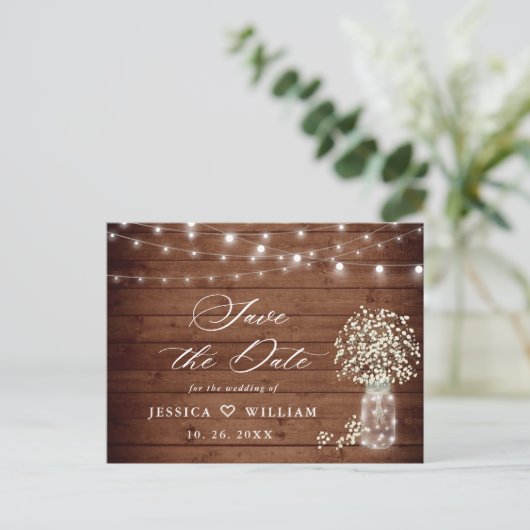 Baby Breath rustieke houten bruiloft Save the Date Briefkaart (Staand voorkant)