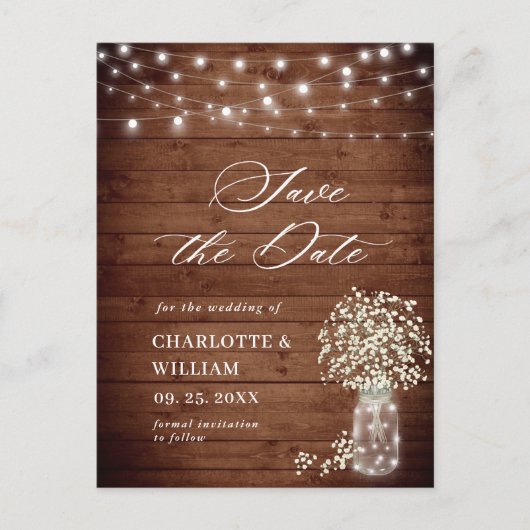 Baby Breath rustieke houten bruiloft Save the Date Briefkaart (Voorkant)