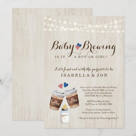 Baby Brewing Coffee Gender Reveal Party Invitation Kaart (Voorkant / Achterkant)