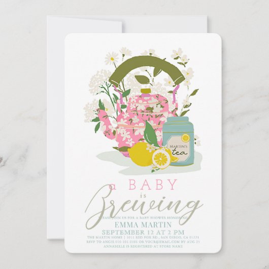 Baby Brewing roze bloemige thee party Baby shower Kaart (Voorkant)