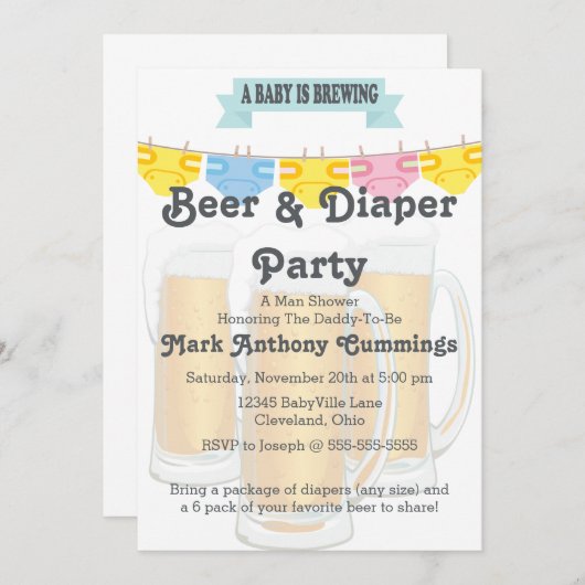 Baby Brouwen Bier & Luier Baby shower Uitnodiging (Voorkant / Achterkant)