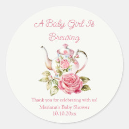 baby brouwen roze bloementhee party baby shower ronde sticker