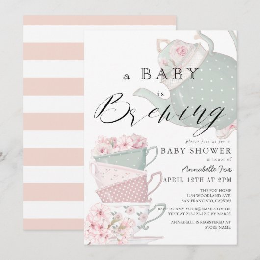 Baby Brouwen Roze Tea Party Baby shower Kaart (Voorkant / Achterkant)