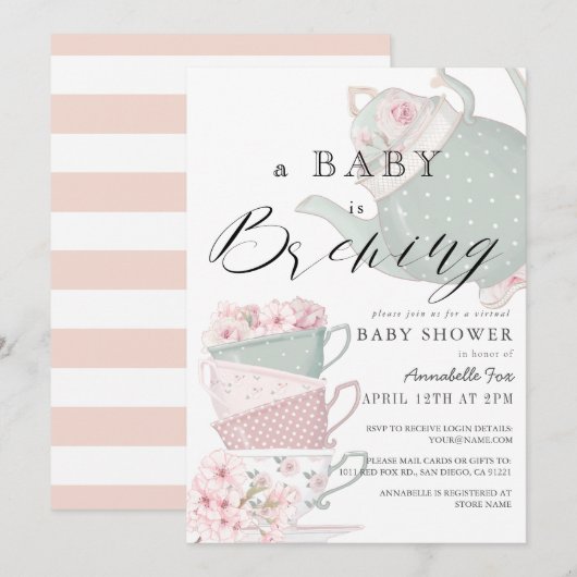 Baby Brouwen Roze Tea Party Virtual Baby shower Kaart (Voorkant / Achterkant)