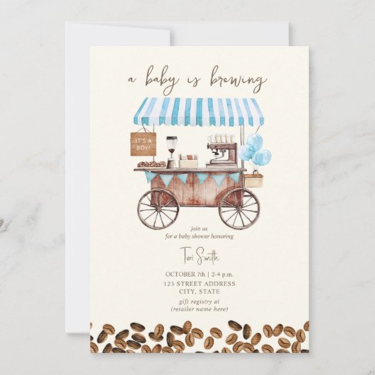 Baby brouwt Blue Coffee Cart Boy Baby shower Kaart (Voorkant)