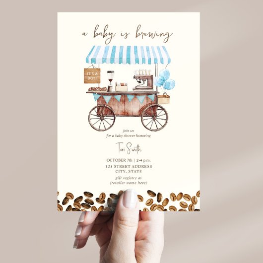 Baby brouwt Blue Coffee Cart Boy Baby shower Kaart