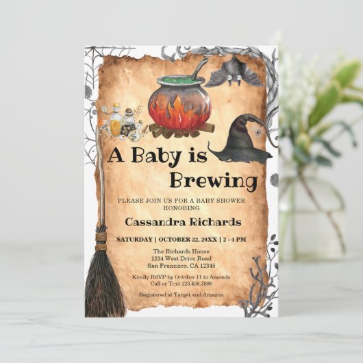 Baby brouwt heks Halloween Baby shower Kaart (Staand voorkant)