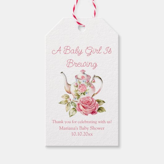 baby brouwt roze bloemen theepot baby shower cadeaulabel (Voorkant)