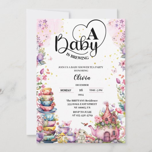 baby brouwt roze gouden thee baby shower kaart (Voorkant)