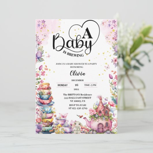 baby brouwt roze gouden thee baby shower kaart (Staand voorkant)