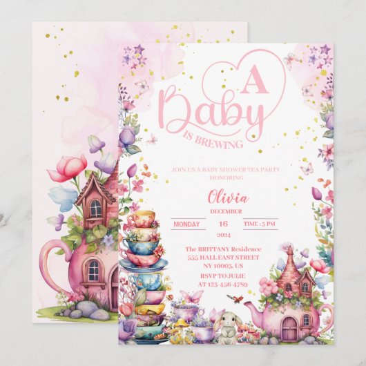 baby brouwt roze gouden thee baby shower kaart (Voorkant / Achterkant)