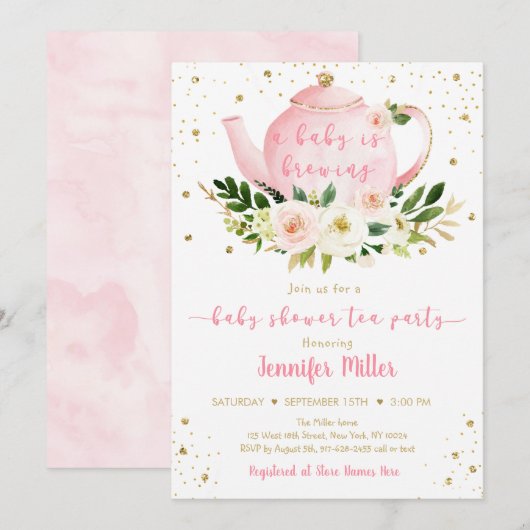 Baby brouwt roze gouden thee party Baby shower Kaart (Voorkant / Achterkant)