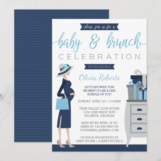 Baby & Bruch Baby shower Invitation, blauw, grijs Kaart (Voorkant / Achterkant)