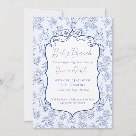 Baby brunch blauw toile de jouy sketch baby shower kaart (Voorkant)