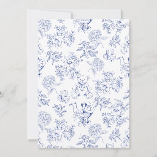 Baby brunch blauw toile de jouy sketch baby shower kaart (Achterkant)