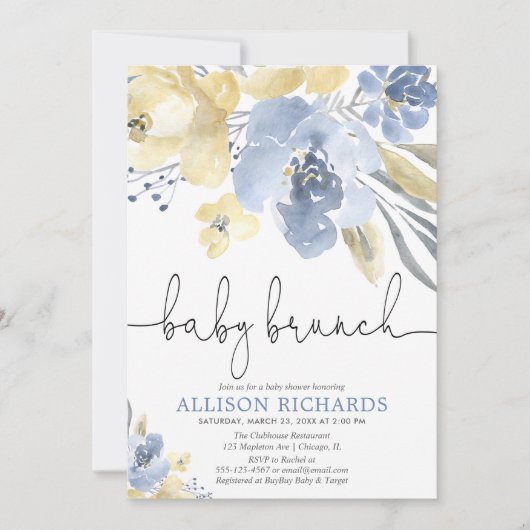 Baby brunch jongen baby shower stoffig blauw geel kaart (Voorkant)