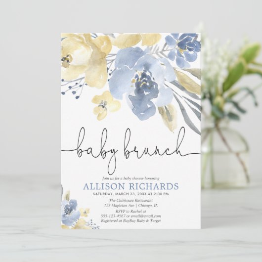 Baby brunch jongen baby shower stoffig blauw geel kaart (Staand voorkant)