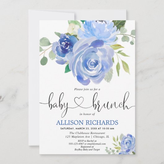 Baby brunch jongen douche blauw bloemige waterverv kaart (Voorkant)