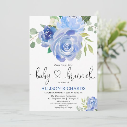 Baby brunch jongen douche blauw bloemige waterverv kaart (Staand voorkant)