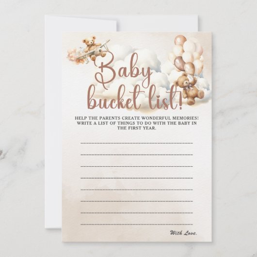 BABY BUCKET LIST Baby shower Spel Schattige Beer Kaart (Voorkant)