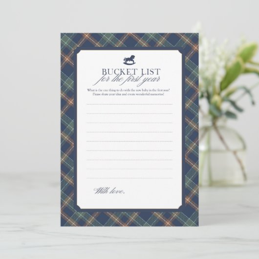Baby Bucket List First Year Navy Plaid Baby Shower Advieskaart (Staand voorkant)