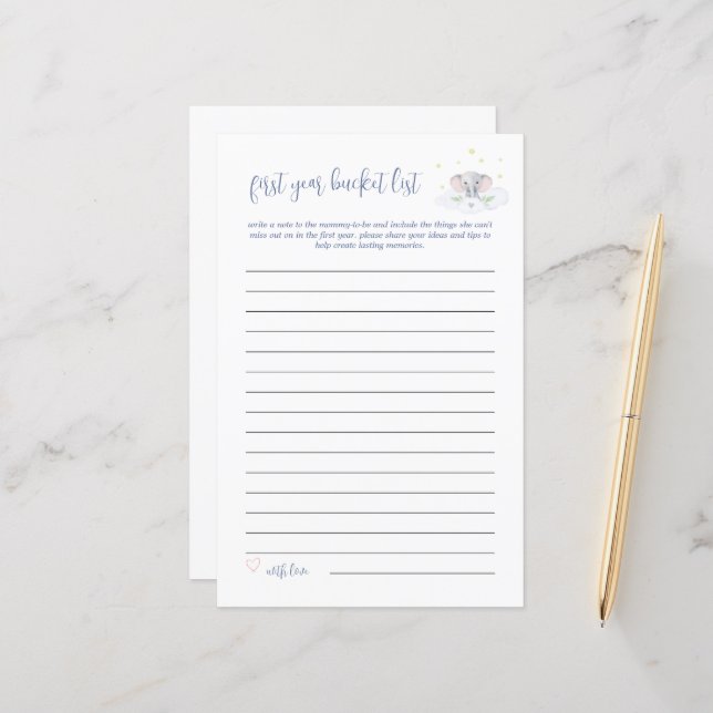 Baby Bucket List Game Olifant Baby shower Blauw (Voorkant / Achterkant in situ)