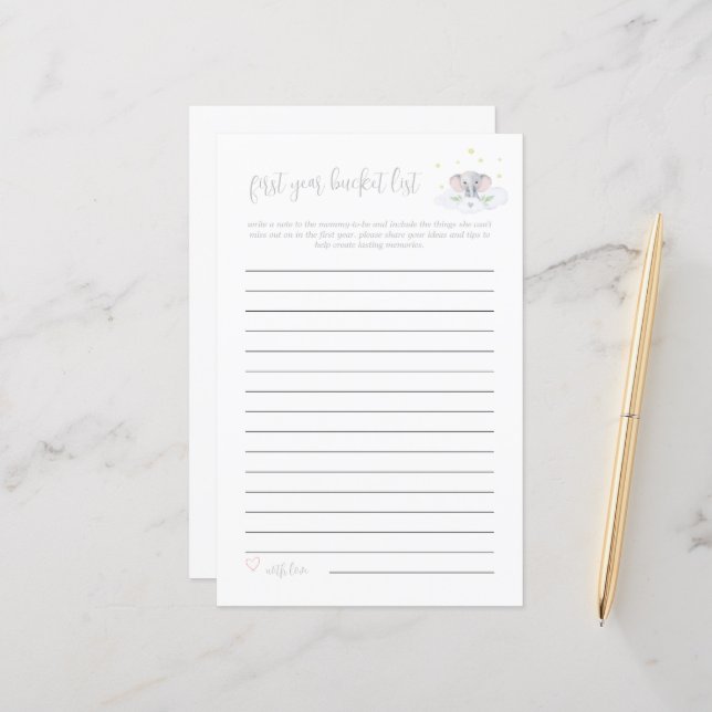 Baby Bucket List Game Olifant Baby shower Grijs (Voorkant / Achterkant in situ)