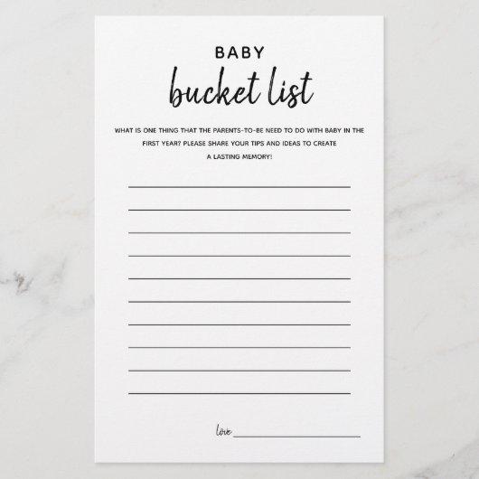 Baby Bucket List Minimalistisch Baby shower game (Voorkant)