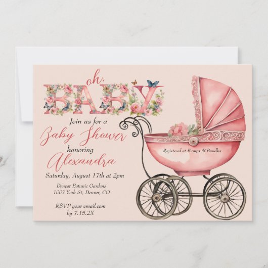 Baby Buggy Meisje Baby shower Kaart (Voorkant)