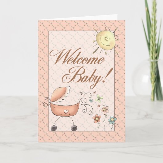 Baby Buggy Subtle Floral Welcome Baby Kaart (Voorkant)