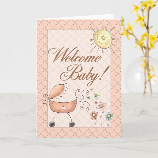 Baby Buggy Subtle Floral Welcome Baby Kaart (Gele Bloem)
