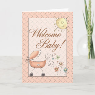 Baby Buggy Subtle Floral Welcome Baby Kaart
