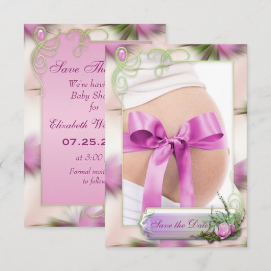 Baby Bump & Roze Magnolia Save the Date (Voorkant / Achterkant)