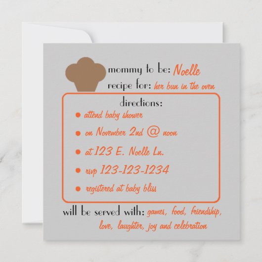 Baby Bun Recipe Uitnodiging (sinaasappel drie) (Achterkant)